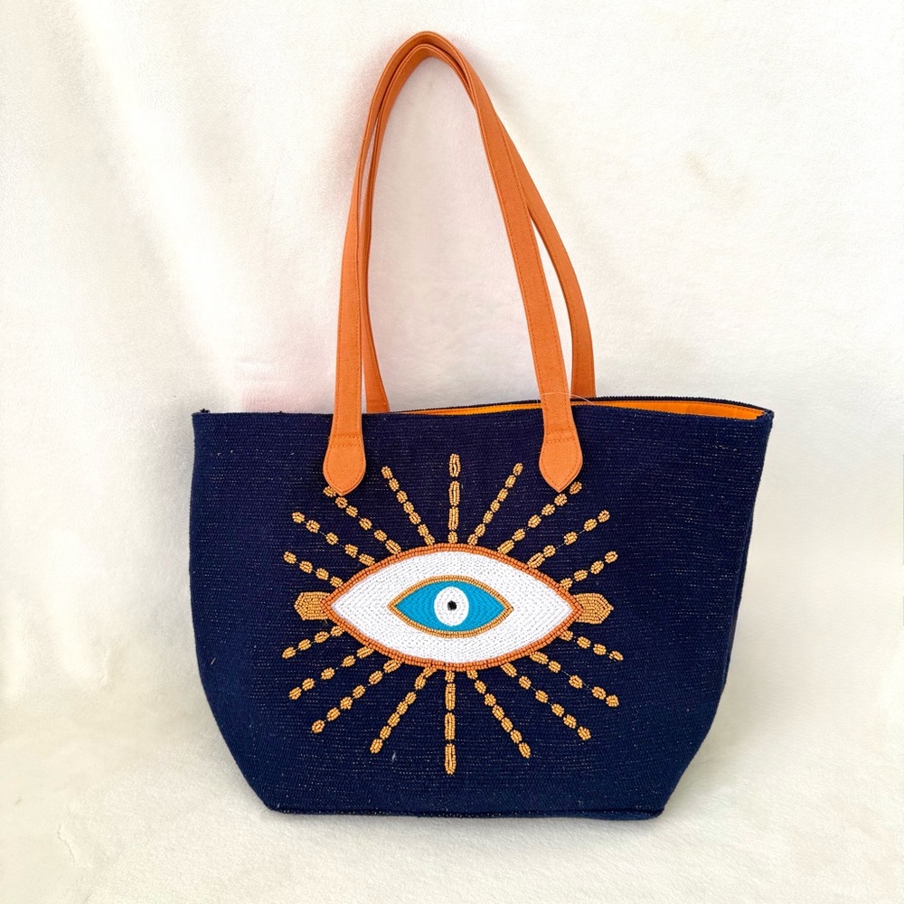 Evil Eye Navy Blue & Orange Beaded & Embroidered Tote Bag - Picture 2 of 7